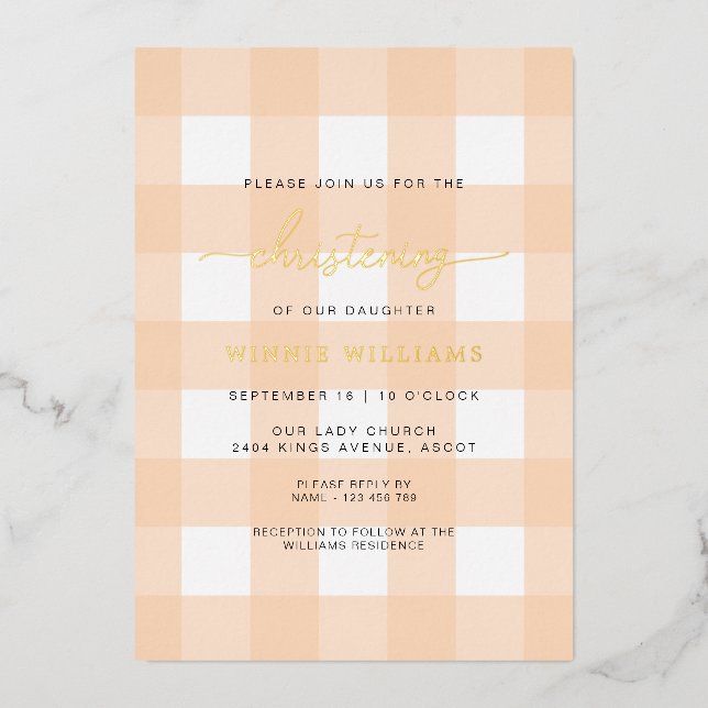 Invitación al Relieve metalizado Peach Gingham Chr (Anverso)