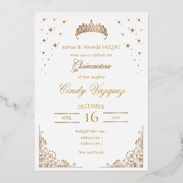Invitación al Relieve metalizado Quinceanera (Anverso)