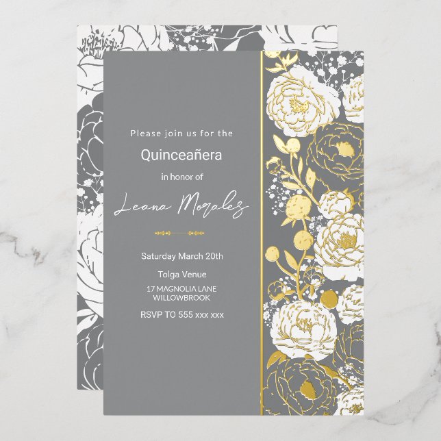 Invitación al Relieve metalizado Quinceañera gris (Anverso/Reverso)