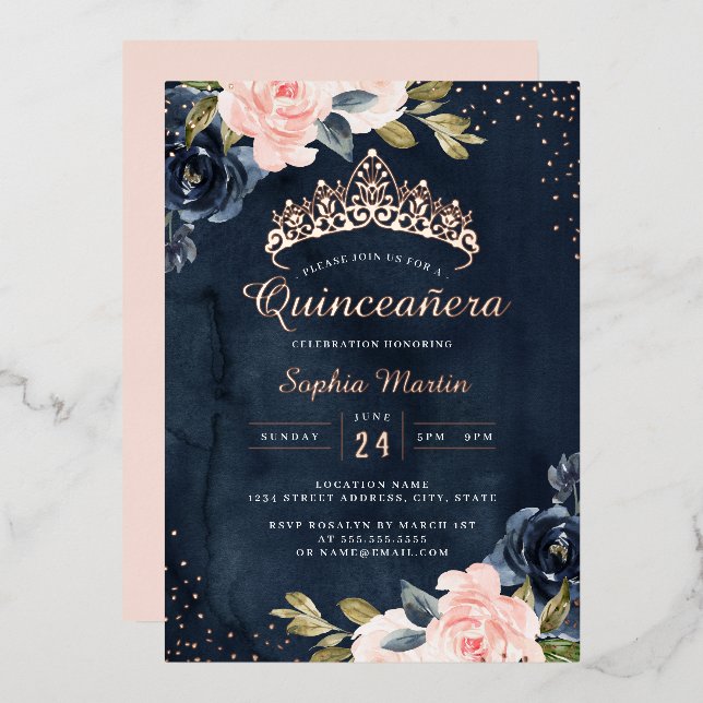 Invitación al Relieve metalizado Quinceanera Rosa  (Anverso/Reverso)