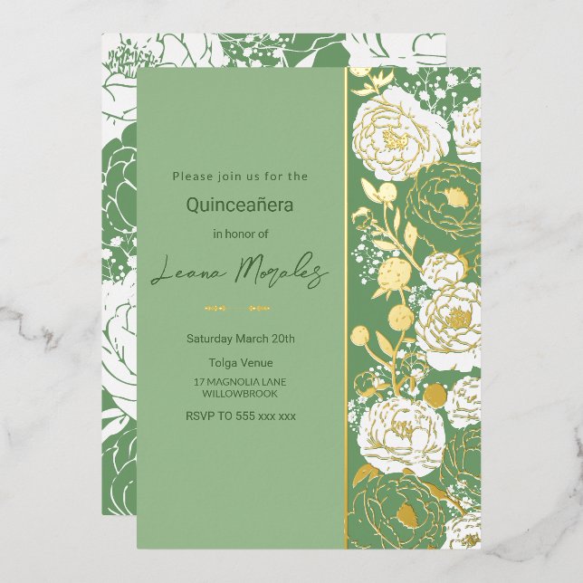 Invitación al Relieve metalizado Quinceañera Verde (Anverso/Reverso)