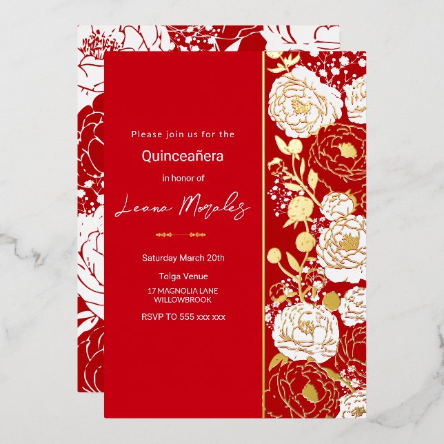 Invitación al Relieve metalizado Red Quinceañera (Anverso/Reverso)