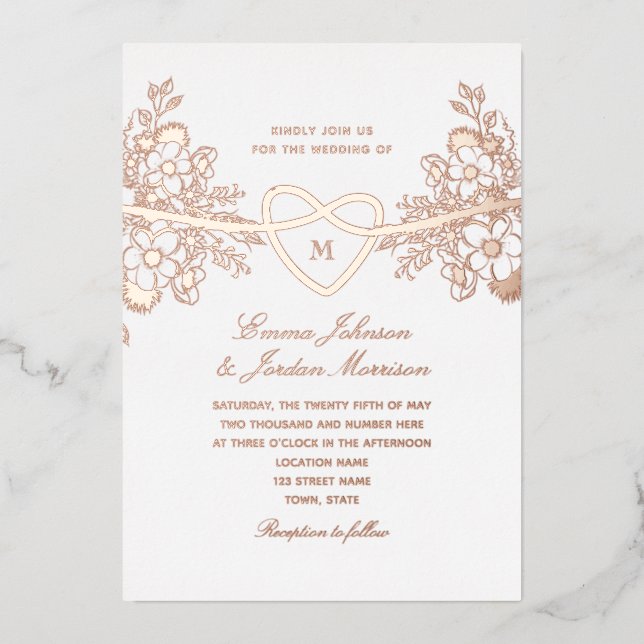 Invitación al Relieve metalizado Rosa Boda floral  (Anverso)