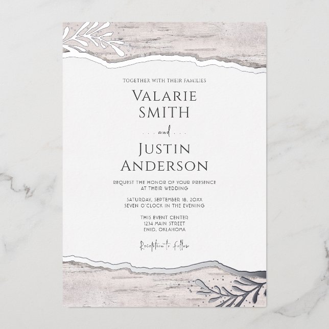 Invitación al Relieve metalizado Rústico Birch Woo (Anverso)