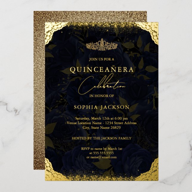 Invitación al Relieve metalizado Tiara Quinceanera (Anverso/Reverso)