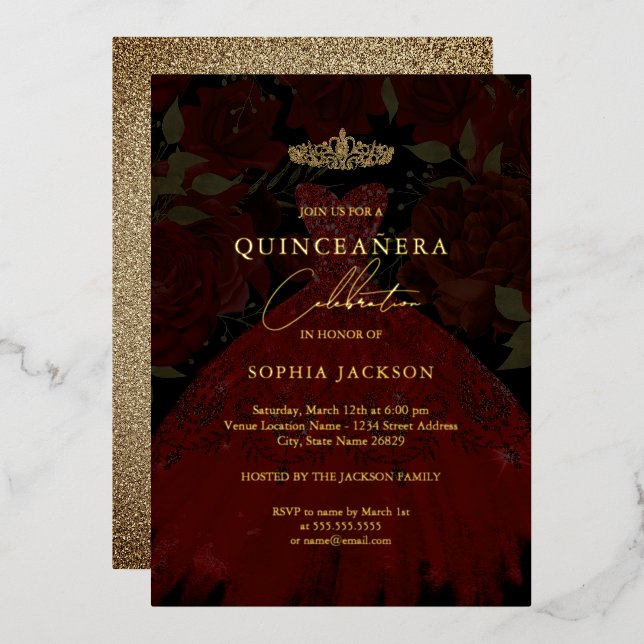 Invitación al Relieve metalizado Tiara Quinceanera (Anverso/Reverso)