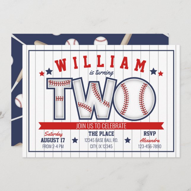 Invitación al segundo cumpleaños de Boy Baseball (Anverso / Reverso)