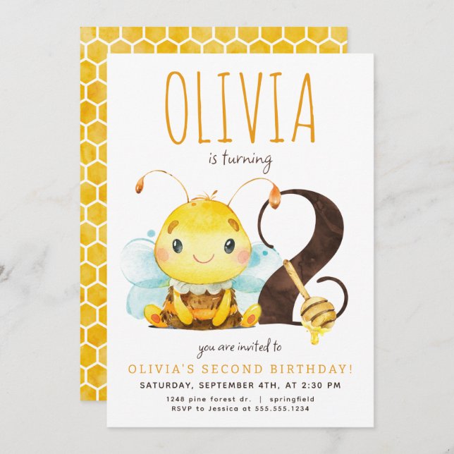 Invitación al segundo cumpleaños de Honey Bee (Anverso / Reverso)