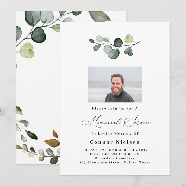 Invitación al servicio conmemorativo Greenery Euca (Anverso / Reverso)