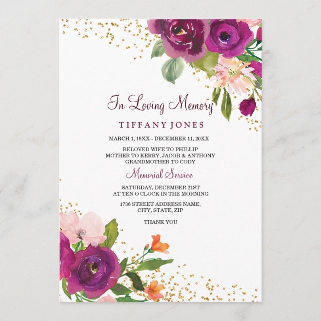 Invitación al servicio de memoria de floral rosa m (Anverso)