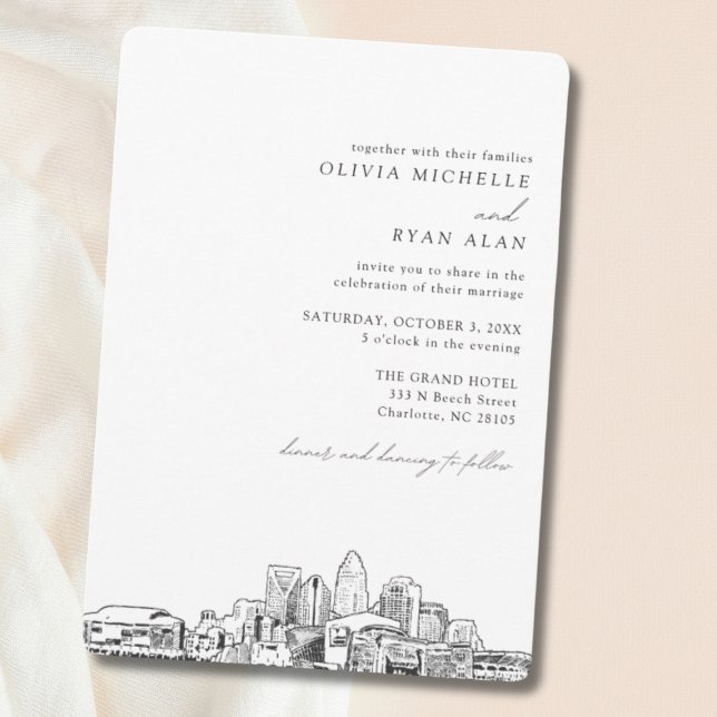 Invitación al Skyline de Charlotte Boda Elegant (Charlotte North Carolina Wedding Invitation)