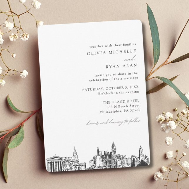Invitación al Skyline elegante del Boda de Filadel (Modern Philadelphia Minimalist Wedding)