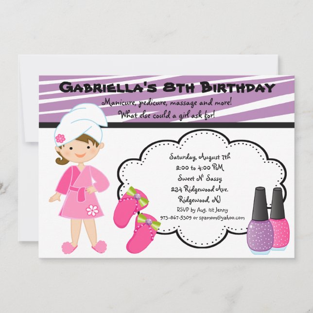 Invitación al spa de Chicas de cebra morada y blan (Anverso)