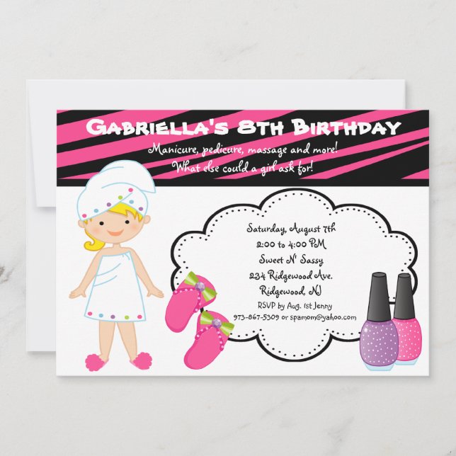 Invitación al spa de Chicas de cebra rosa y blanca (Anverso)