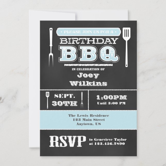 Invitación al tablero de cumpleaños BBQ azul en po (Anverso)