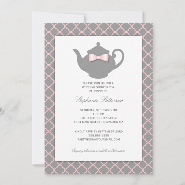 Invitación al té Boda de cuatrefoil rosa + gris (Anverso)