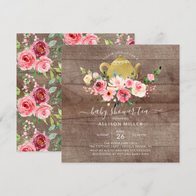Invitación al té de Baby Shower con Rosa floral de (Anverso / Reverso)