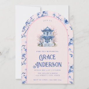 Invitación al té de Chinoiserie rosa y azul