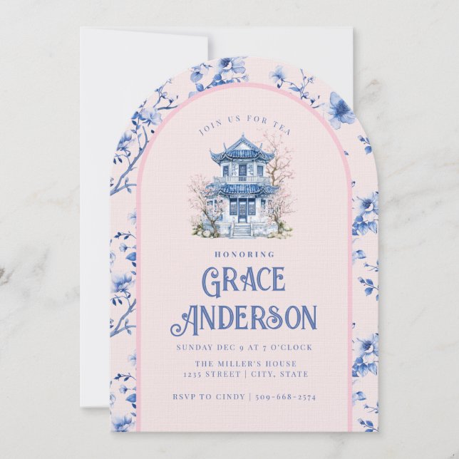 Invitación al té de la Pagoda de Chinoiserie rosa  (Anverso)