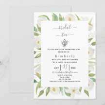 Invitación al té de novia floral blanca