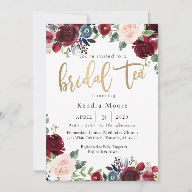 Invitación al té de novia floral borgoñona (Anverso)