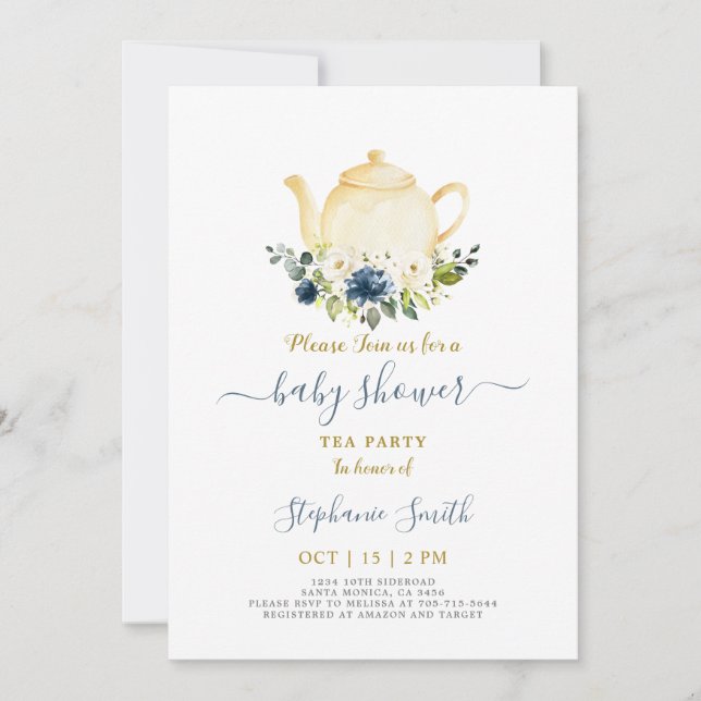 Invitación al té de pera azul de Baby Shower (Anverso)