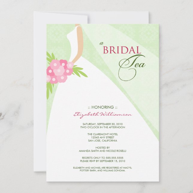 Invitación al té nupcial con vestido Boda (verde) (Anverso)