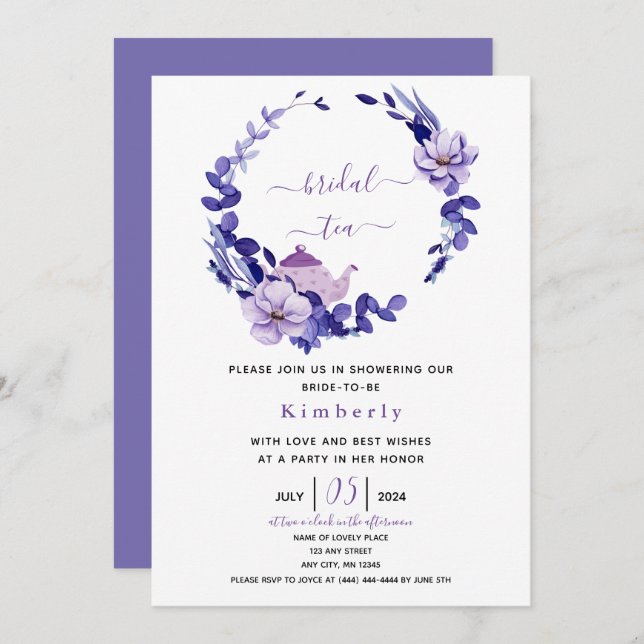 Invitación al té nupcial floral violeta y lavanda (Anverso / Reverso)