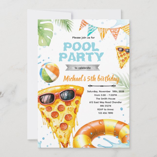 invitación al tema de fiesta en la piscina de pizz (Anverso)