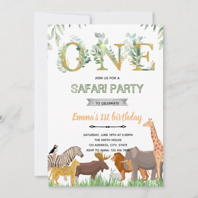 invitación al tema de fiesta zoológico ONEgreenery (Anverso)