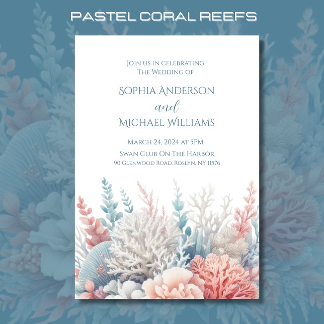 Invitación al tema de la boda de Pastel Coral-Beac (Pastel Coral Reef Beach Wedding Collection Invitations)