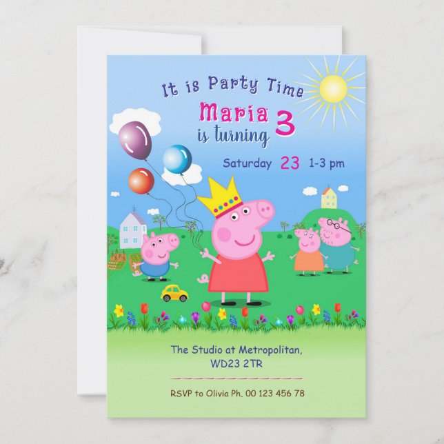 Invitación al tema de la cerdita rosa. Fiesta para (Anverso)