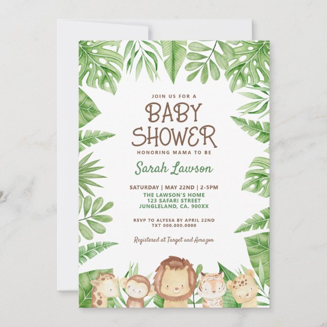 Invitación al tema de la selva de Baby Shower Safa (Anverso)