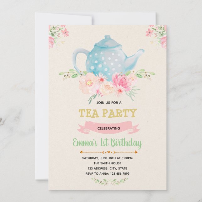 Invitación al tema del cumpleaños del té (Anverso)