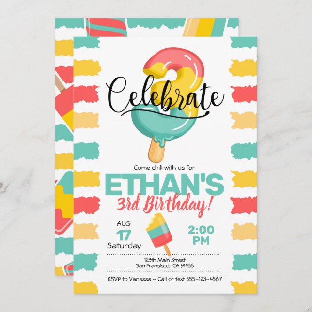 Invitación al tercer cumpleaños con Popsicle (Anverso / Reverso)