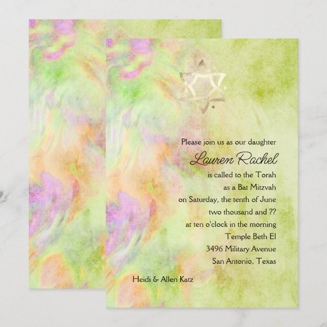 Invitación al tinte de tintes verdes de Bat Mitzva (Anverso / Reverso)
