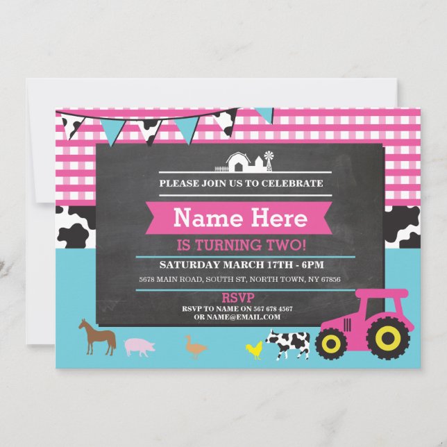 Invitación al Tractor de Cerdo Animal de la Fiesta (Anverso)