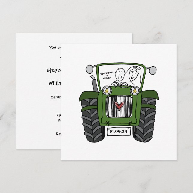 Invitación al Tractor Verde de Boda de País person (Anverso / Reverso)