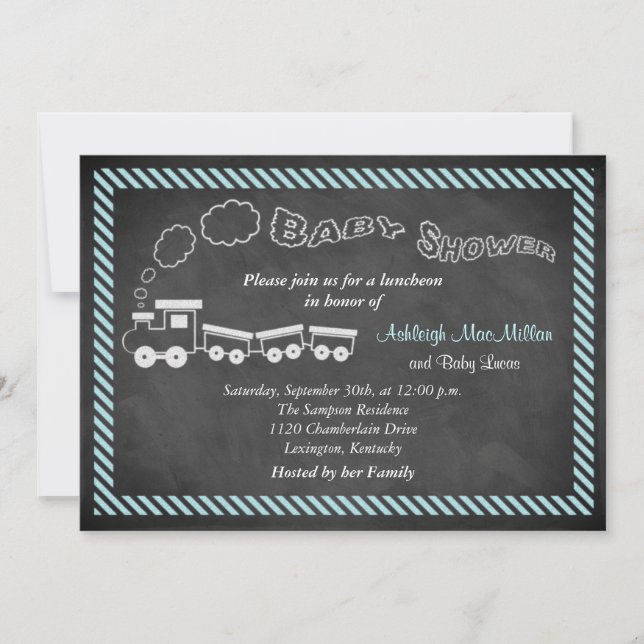 Invitación al tren Baby Shower Chalkboard 2 - Azul (Anverso)
