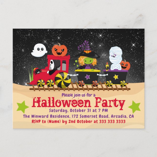 Invitación al tren de los Monstruos Cute Halloween (Anverso)