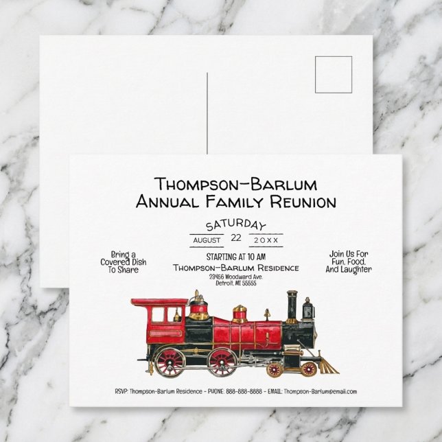 Invitación al Tren Rojo de Reunión Familiar (Family Reunion Red Train Invitation Postcard)