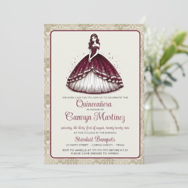 Invitación al vestido Quinceañera de Borgoña (Anverso de pie)