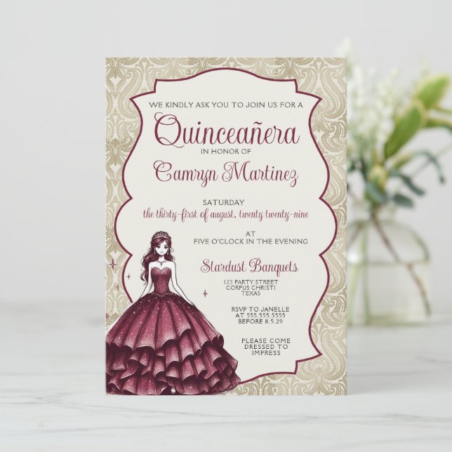 Invitación al vestido Quinceañera de Borgoña (Anverso de pie)