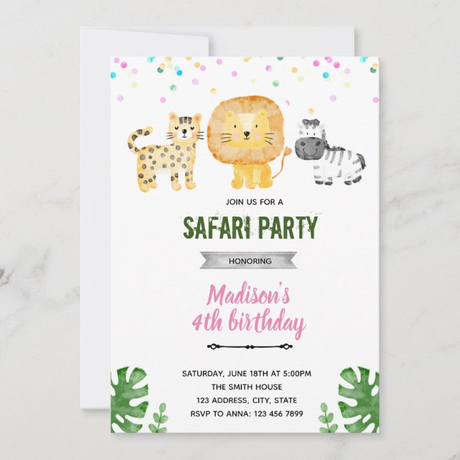 invitación al zoológico safari pastel (Anverso)