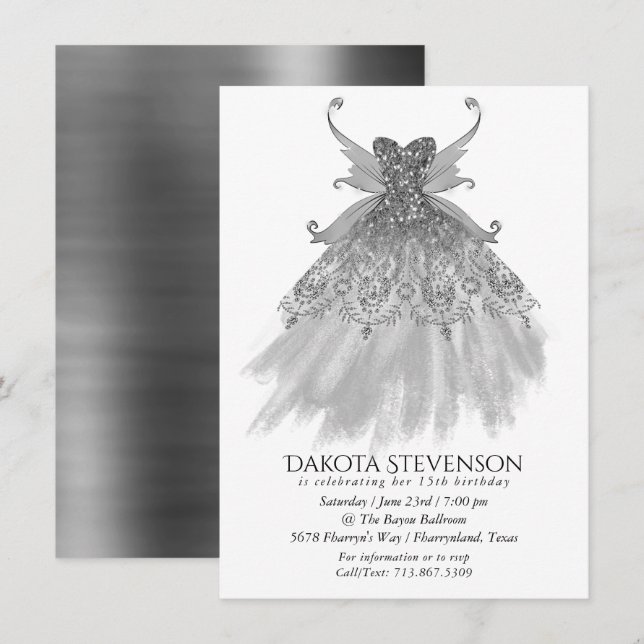 Invitación Ala de hadas con traje de plata | Relieve metaliza (Anverso / Reverso)
