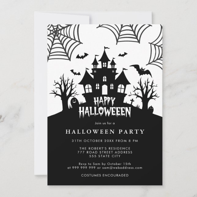 Invitación Alarmante fiesta de Halloween blanco y negro en ca (Anverso)
