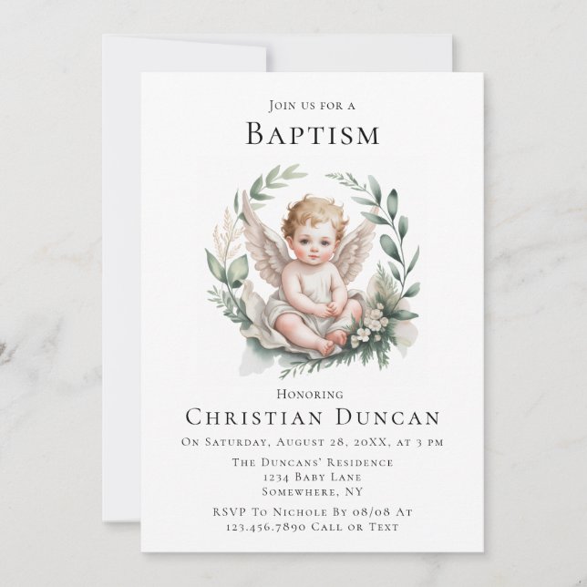 Invitación Alas de ángel acuarela Bautismo  (Anverso)
