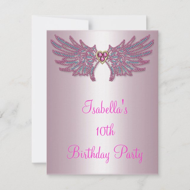 Invitación Alas de Ángel de Joyas Rosa y Azul para Cumpleaños (Anverso)