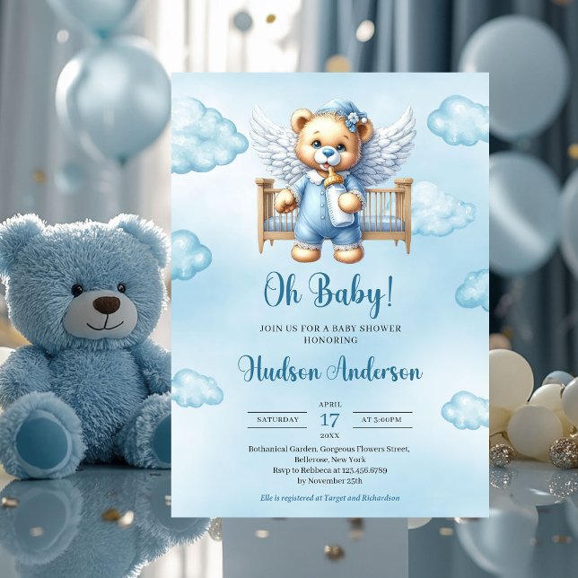 Invitación Alas de ángeles de oso de peluche con cuna (teddy bear angel in  baby crib - boy baby shower invitation)