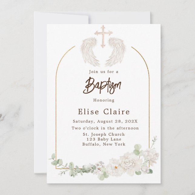 Invitación Alas de la Iglesia Dorada Bautismo Floral (Anverso)